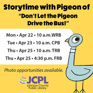 Character Pigeon next to storytime dates and times