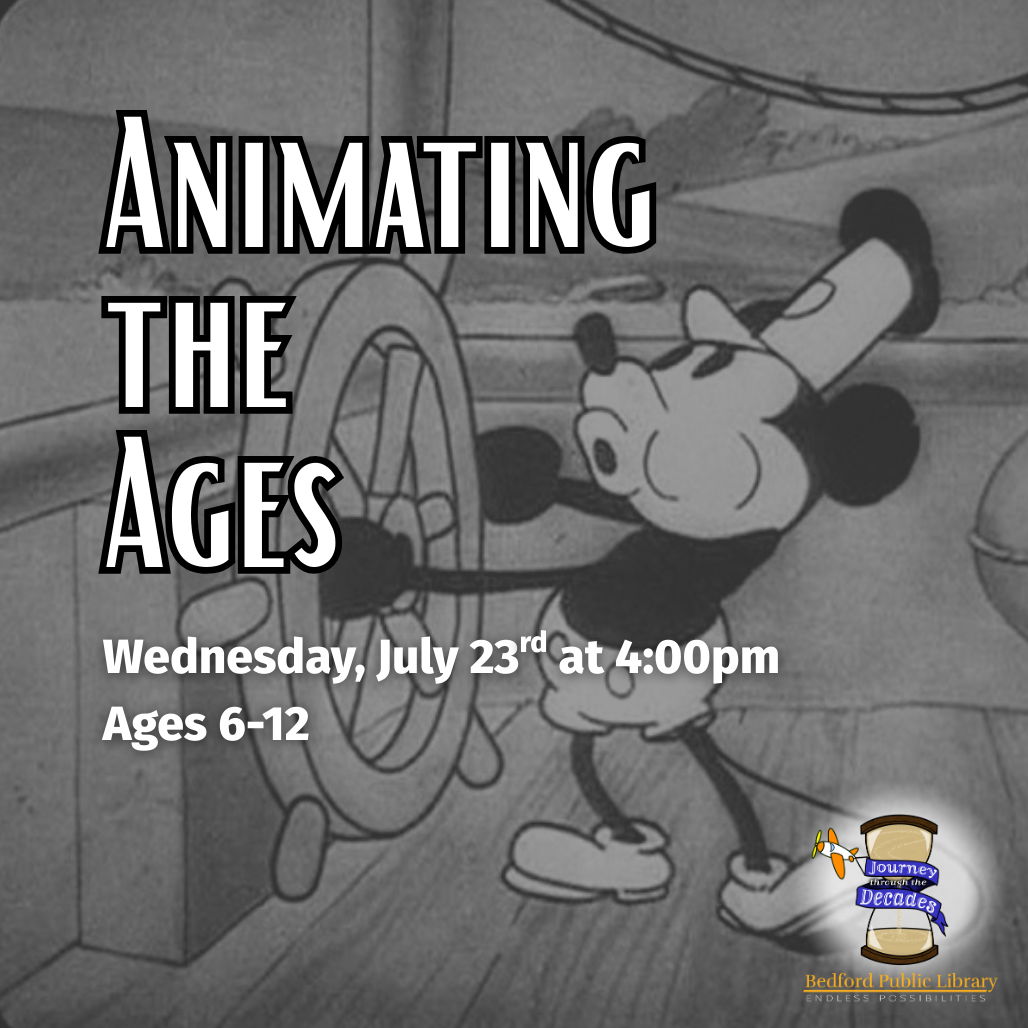 Animating the Ages Animating the Ages. Mickey Mouse in Steamboat Willie whistles at the helm.