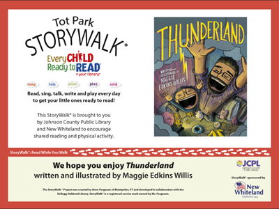 Tot Park Summer 2026 StoryWalk Thunderland cover of girl and her dad facing a thunderstorm