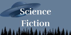 Teen Science Fiction words over a blue background with a UFO and evergreen treetops