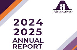 dark purple and orange accent stripes in the corner. Alternatives Inc. logo in the top right corner. The words 2024 2025 Annual Report in dark purple.