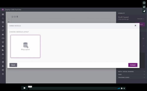 Image of a screenshot of Zephyr for a training video about Setting Up a Blog Setting Up a Blog