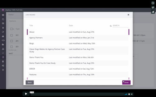 Image of a screenshot of Zephyr for a training video about Creating a Redirect
