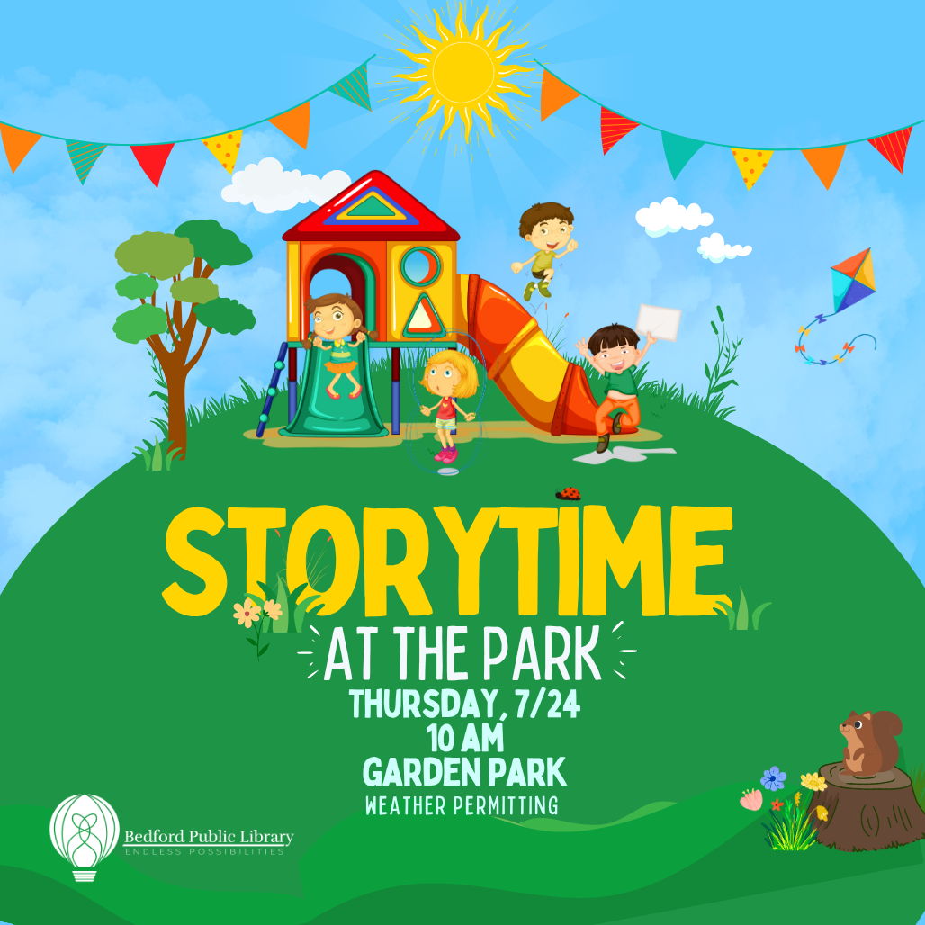 Storytime at the Park: Garden Park Storytime at the Park: Garden Park. Cartoon children play on a slide set while a squirrel sits on a stump and watches.