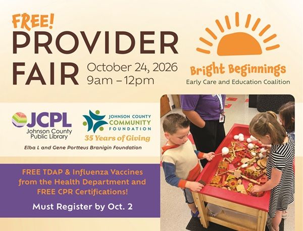HPB Bright Beginnings Oct 2026 event Bright Beginnings orange sun logo with a family sitting in chairs doing a craft promoting Provider Fair on October 24 from 9 a.m.-Noon at the Clark Pleasant Branch