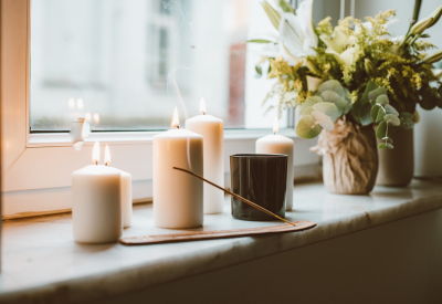 several lit candles and incense on a windowsill