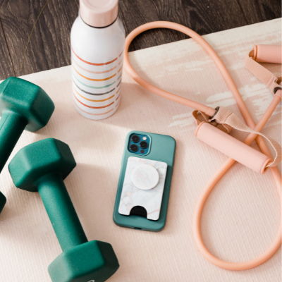 Dumbells, waterbottle and workout equipment
