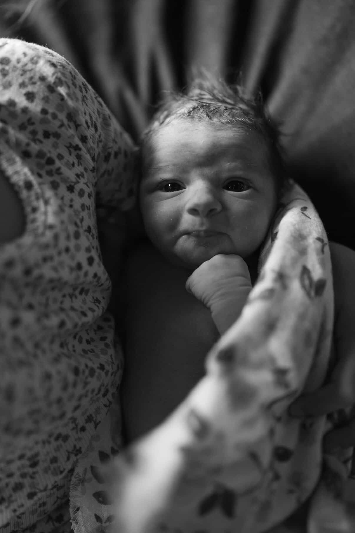 Black and white photo of newborn baby wrapped in blanket, eyes wide open