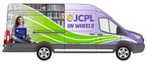 JCPL On Wheels bookmobile with teen holding a laptop