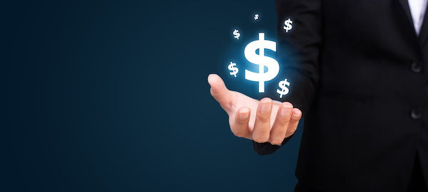 concept of money sign hovering over business mans hand