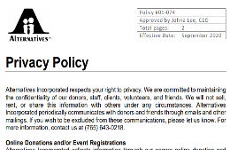 Alternatives Inc.'s logo with the words Privacy Policy under it followed by blurred words of the actual policy.