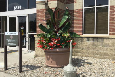 Image of flower pot at front of building