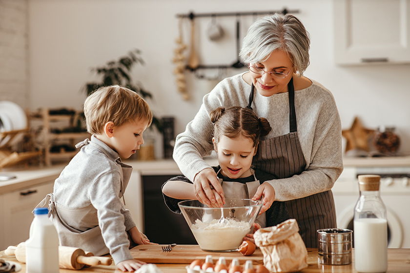 Grandma and kids baking