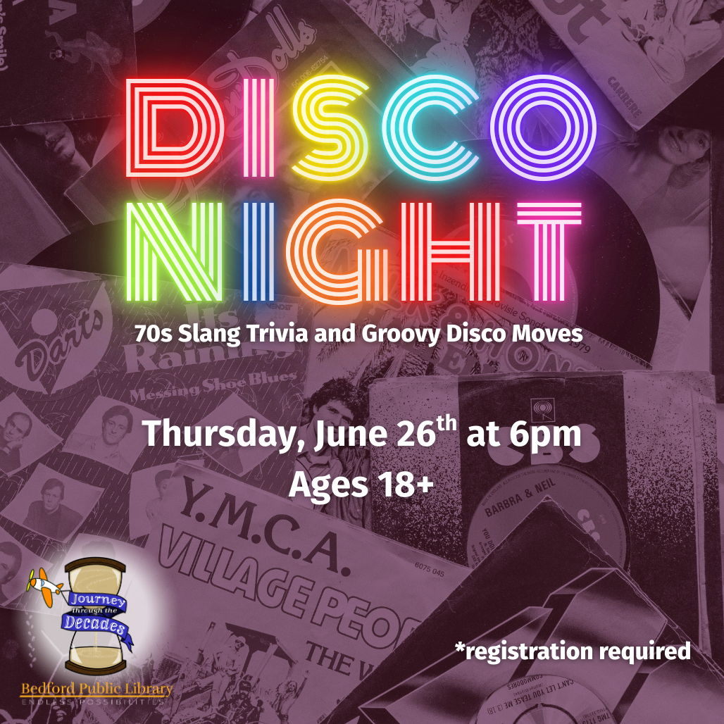 Disco Night Disco Night is spelled out in neon letters atop old band record album covers.