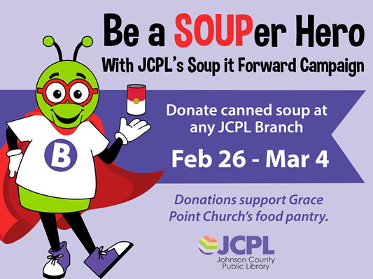 Canned Soup Drive, be a souperhero with library mascot Bibli holding a can of soup