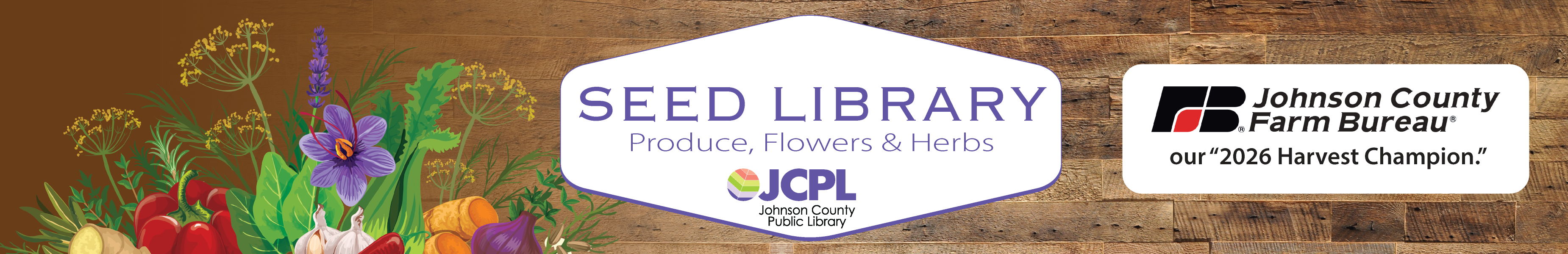 Seed Library logo, with vegetables and flowers in left corner