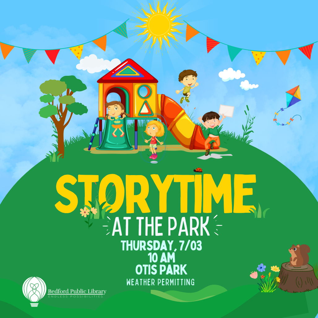 Storytime at the Park: Otis Storytime at Otis Park! Cartoon children play on slide set while a squirrel on a stump watches.