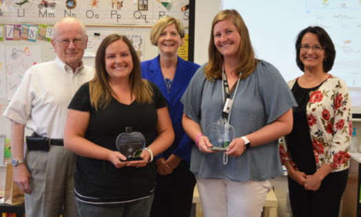 Robert P. Bell Creative Teaching Award recipients Courtney Crabtree and Sarah Hill pose with selection committee members Gary Addison, Carol Seals, and Jenni Marsh Robert P. Bell Creative Teaching Award recipients Courtney Crabtree and Sarah Hill pose with selection committee members Gary Addison, Carol Seals, and Jenni Marsh