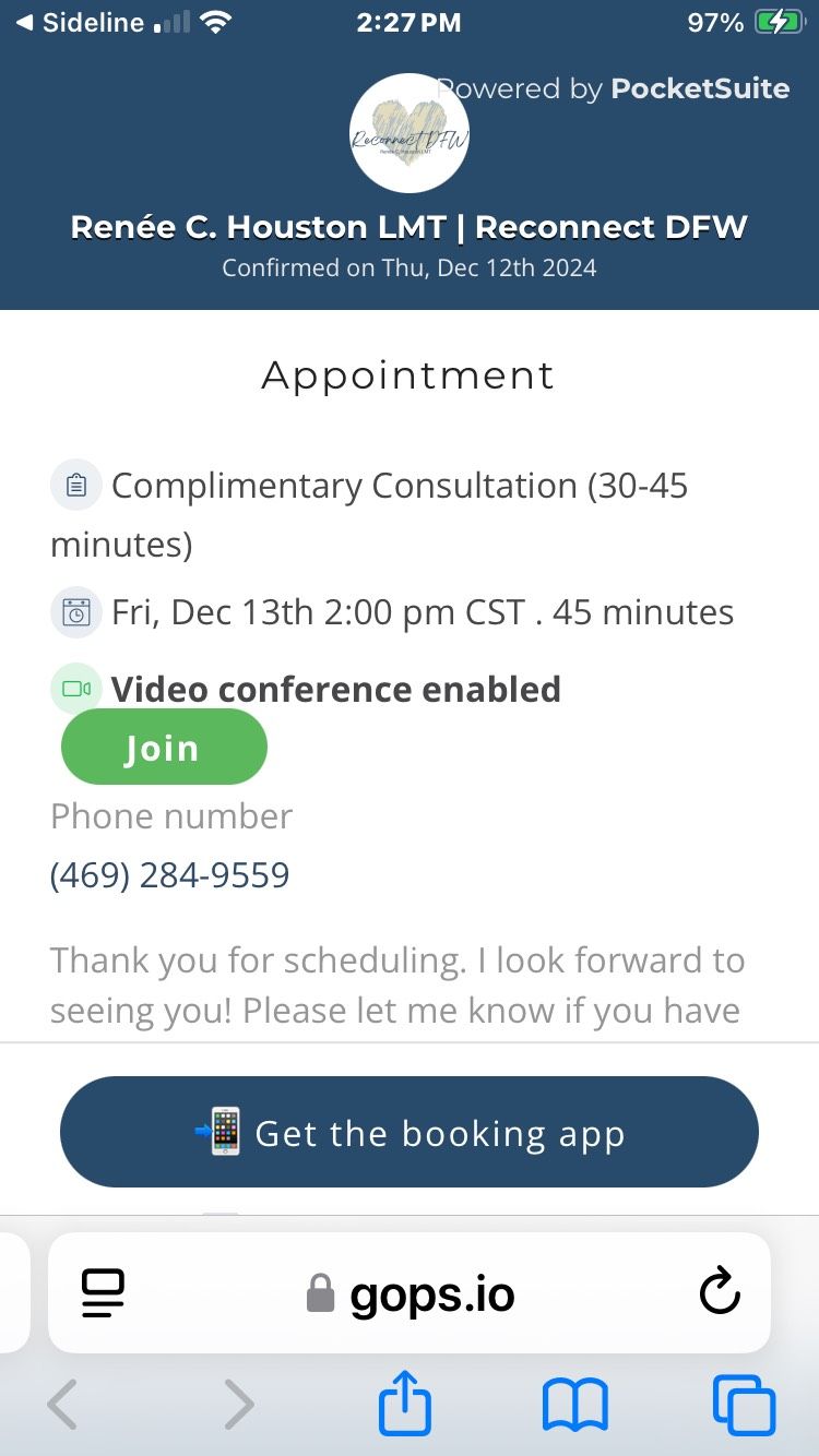 Screenshot of consultation appointment confirmation on a mobile device