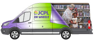 JCPL On Wheels bookmobile with woman and child on side