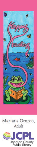 Bullfrog on a lily pad, tongue extends to wording 'Happy Reading'
