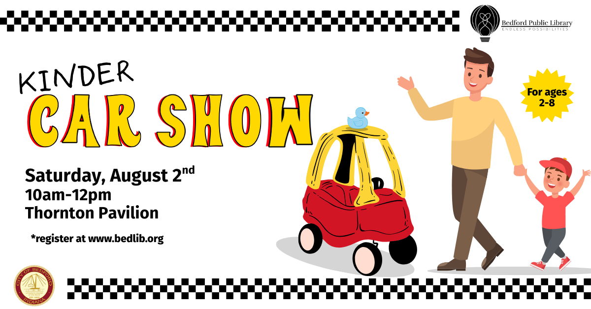 Kinder Car Show Kinder Car Show. Cartoon adult man holds the hand of a cartoon child with a baseball cap and gestures to a small red and yellow car with a blue duck on top.
