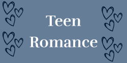 Teen Romance words over a blue background with six black outline hearts in the margins