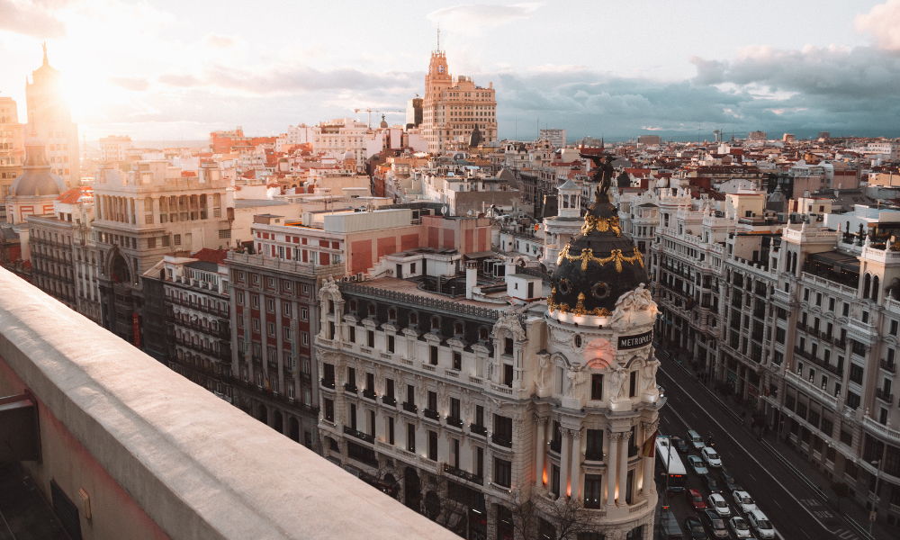 Madrid at golden hour the sun is setting over Madrid Spain