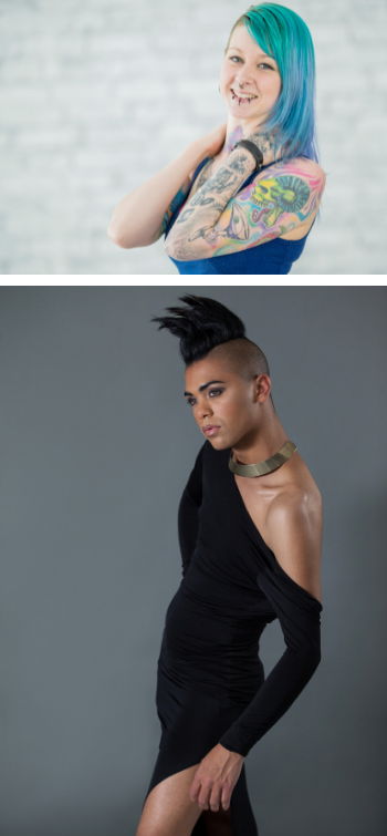 White woman with blue hair and tattoos on her left arm looking at the camera and a second image of a Black transgender woman with a black one-shoulder evening dress