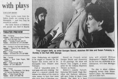 Article from April 28, 1991 describing the local theatre scene, including a photograph of Troy Longest as Georges Seurat in SUNDAY IN THE PARK WITH GEORGE at Theatre on the Square
