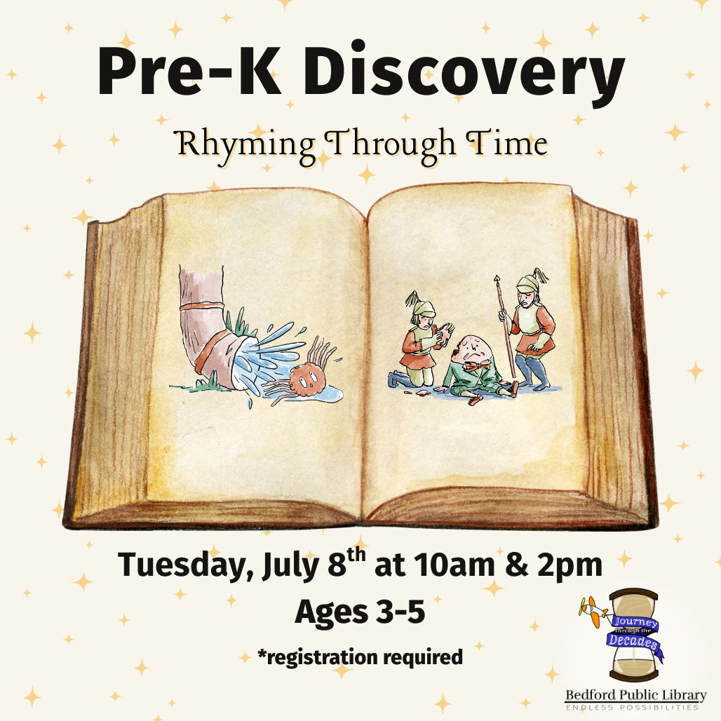 Pre-K Discovery Pre-K Discovery: Rhyming Through Time. A drawing of a book open to a page of a spider in water coming out of a spout and some knights looking at Humpty Dumpty.