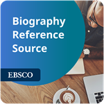 Biography Reference Source logo Biography Reference Source logo, stock photo of man at a table with laptop and cappucino
