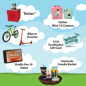 ES 2025 weekly prizes Red Tonie box, green and pink Instax cameras, bike and scooter, toy store gift card, Kindle Fire tablet, Starbucks goodie basket