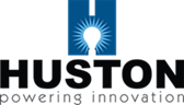 Huston Electric logo light bulb in front of blue background with Huston powering innovation logo