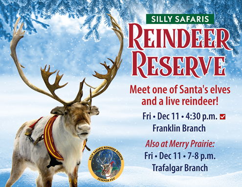 Silly Safaris Reindeer, set against snow covered trees