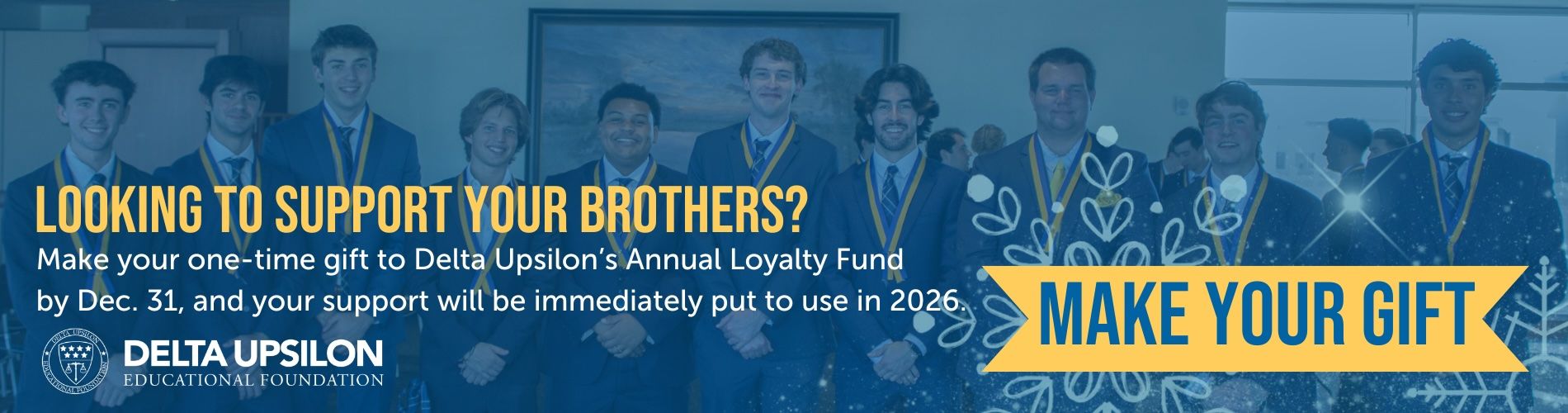 Group photo of brothers at Initiation. Text overlay that encourages making a gift to the DUEF by Dec. 31