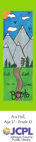 'Get lost in a good book' mountain trail under blue sky