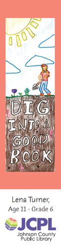 'Dig into a good book', girl gardening under the sun