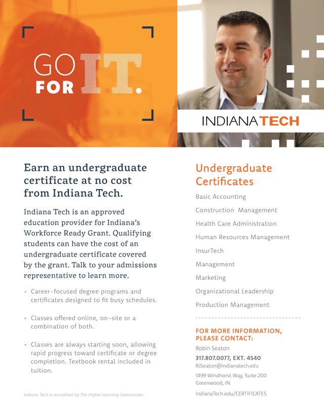 Earn Undergraduate Certificate at No Cost from Indiana Tech