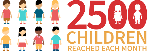 2500 Children Reached Each Month. Words next to eight cartoon stick figures of boys and girls.