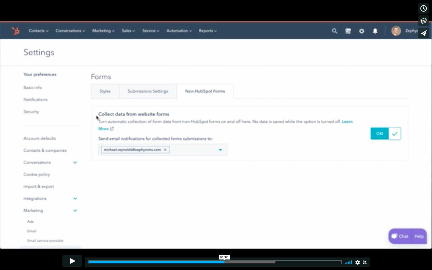 Image of a screenshot of Zephyr for a training video about Integrating Zephyr Forms with HubSpot