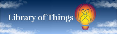 Library of Things Library of Things over a cloud filled sky with a light bulb balloon logo