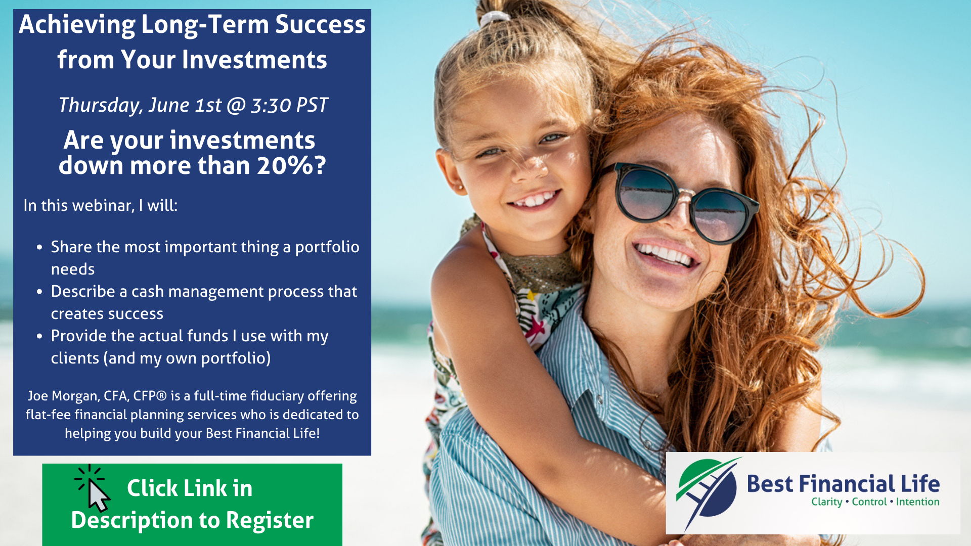 Mother and daughter hugging on the beach with Webinar details and date.