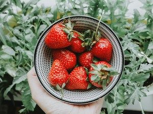 white hand holding a small bowl of strawberries