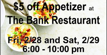 $5 off an Appetizer at The Bank Restaurant Image for $5 off an Appetizer at The Bank Restaurant
