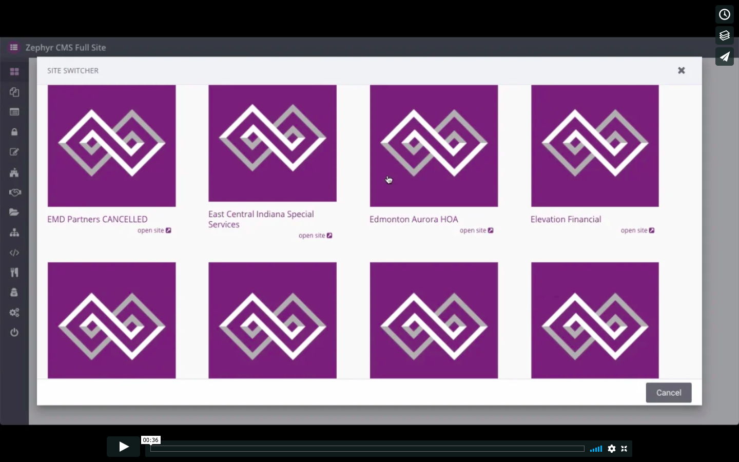 Image of a screenshot of Zephyr for a training video about Switching Between Websites